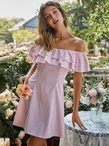 雙色格子一字肩荷葉邊連衣裙 - 藕粉色 - 查看 1