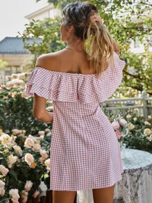 雙色格子一字肩荷葉邊連衣裙 - 藕粉色 - 查看 2