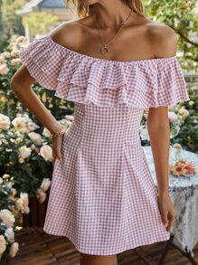 雙色格子一字肩荷葉邊連衣裙 - 藕粉色 - 查看 3