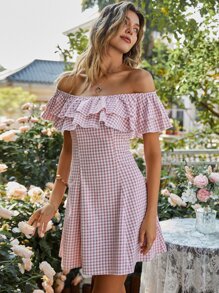 雙色格子一字肩荷葉邊連衣裙 - 藕粉色 - 查看 4