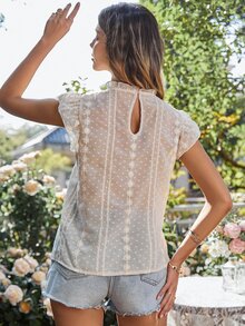 圓點蝴蝶袖褶邊領雪紡襯衫 - 杏色 - 查看 2