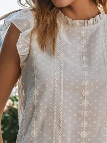 圓點蝴蝶袖褶邊領雪紡襯衫 - 杏色 - 查看 5