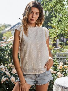 圓點蝴蝶袖褶邊領雪紡襯衫 - 杏色 - 查看 6