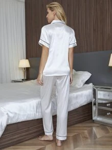 Bộ đồ ngủ Nữ Nghề thêu Túi Tương phản ràng buộc Nút phía trước Lá thư Đơn giản - trắng - Xem 2