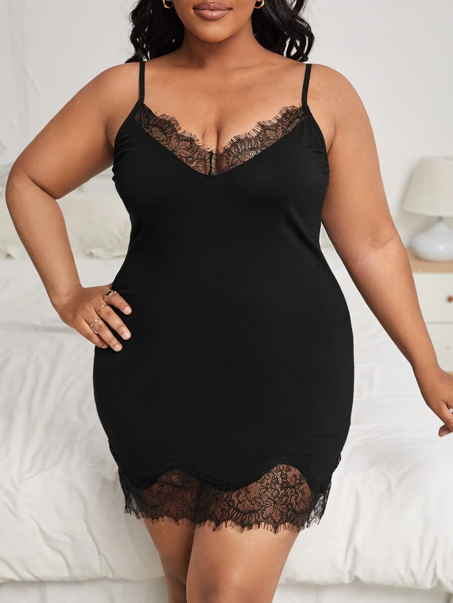 Plus Eyelash Lace Slips With Thong - Black - View 1