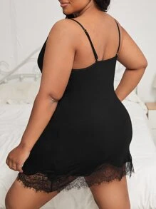 Plus Eyelash Lace Slips With Thong - Black - View 2