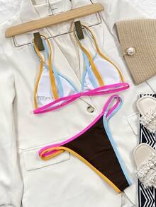 Conjunto de bikini triangular con ribete de contraste, para vacaciones de verano en la playa - Marrón Chocolate - Ver 2