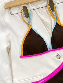 Conjunto de bikini triangular con ribete de contraste, para vacaciones de verano en la playa - Marrón Chocolate - Ver 3