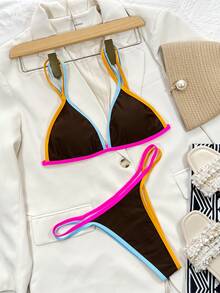 Conjunto de bikini triangular con ribete de contraste, para vacaciones de verano en la playa - Marrón Chocolate - Ver 4