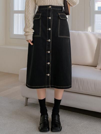 Falda vaquera de talle alto con botones y bolsillos en diagonal, para otoño e invierno