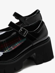 Buckle Decor Wedge Mary Janes,Women's French Cool Mary Jane Shoes New Thick-Heeled Platform College Style Women's Loafers - Black - View 4