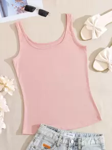 SHEIN Qutie 素色大圓領背心上衣 - 淺粉色 - 查看 1