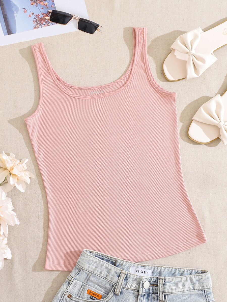 SHEIN Qutie 素色大圓領背心上衣 - 淺粉色 - 查看 1