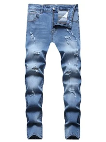 男士貓須破洞牛仔褲 - 中等水洗藍 - 查看 1