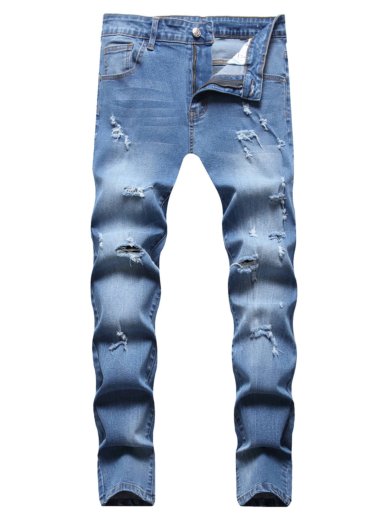 男士貓須破洞牛仔褲 - 中等水洗藍 - 查看 1