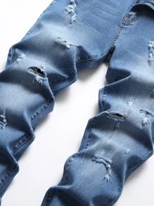 男士貓須破洞牛仔褲 - 中等水洗藍 - 查看 4