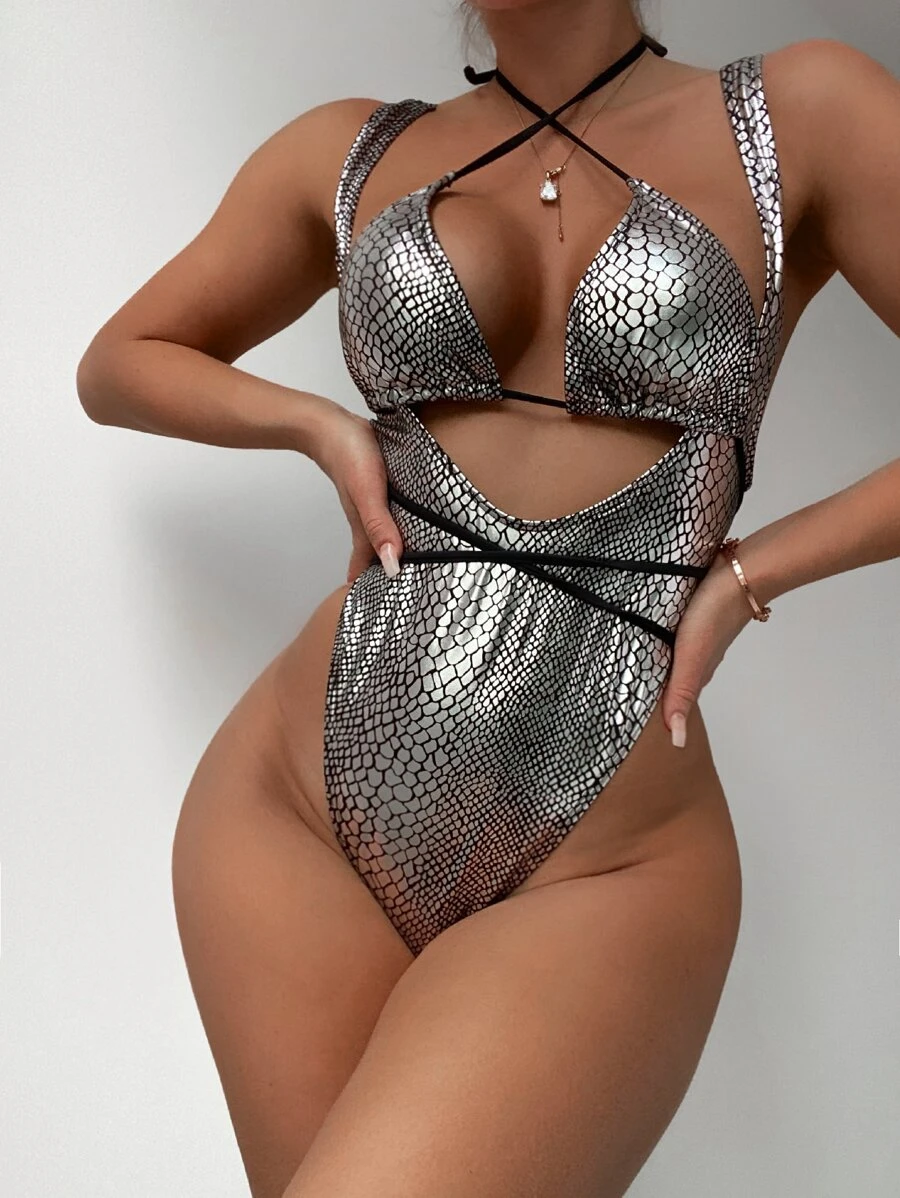 金屬質感連體泳衣帶比基尼泳裝上衣 - 銀色 - 查看 1