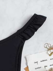 Plain Frill Trim Bikini Bottom - Black - View 5