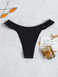Plain Frill Trim Bikini Bottom - Black - View 7
