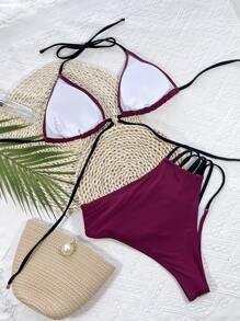 Conjunto de bikini con triángulo halter con anillos enlazados, para vacaciones de verano en la playa - Burdeos - Ver 2