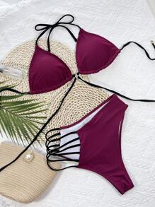 Conjunto de bikini con triángulo halter con anillos enlazados, para vacaciones de verano en la playa - Burdeos - Ver 3