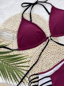 Conjunto de bikini con triángulo halter con anillos enlazados, para vacaciones de verano en la playa - Burdeos - Ver 4