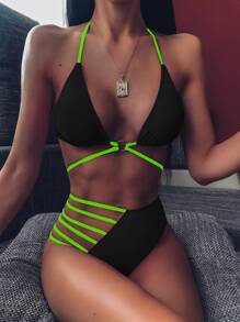 Harness Ring Linked Halter Triangle Bikini Set, For Summer Beach Vacation - Black - View 1