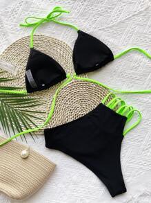 Harness Ring Linked Halter Triangle Bikini Set, For Summer Beach Vacation - Black - View 2