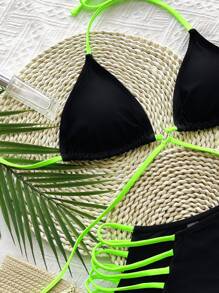 Harness Ring Linked Halter Triangle Bikini Set, For Summer Beach Vacation - Black - View 3