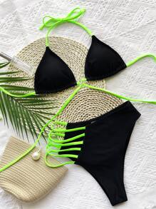 Harness Ring Linked Halter Triangle Bikini Set, For Summer Beach Vacation - Black - View 4