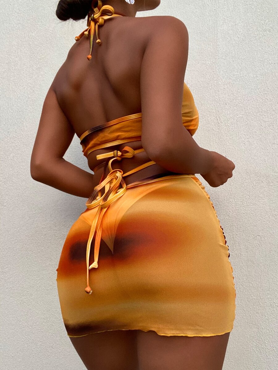 Ombre Bikini Set Halter Triangle Bra & Bikini Bottom & Drawstring Cover Up Dress 3 Piece Bathing Suit, For Summer Beach Vacation - Multicolor - View 1