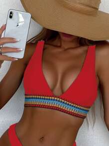 Tape V Neck Bikini Top - Red - View 1