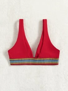 Tape V Neck Bikini Top - Red - View 2