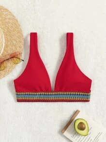 Tape V Neck Bikini Top - Red - View 3