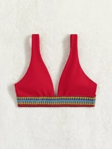 Tape V Neck Bikini Top - Red - View 4