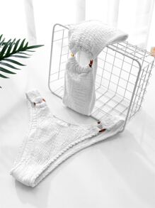 SHEIN Swim 夏季沙灘純色鬆緊環扣連接比基尼 - 白色 - 查看 2