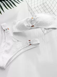 SHEIN Swim 夏季沙灘純色鬆緊環扣連接比基尼 - 白色 - 查看 3