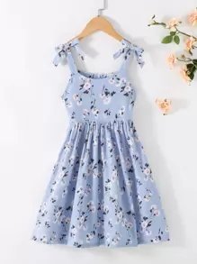 SHEIN 女孩印花肩部打結吊帶連衣裙