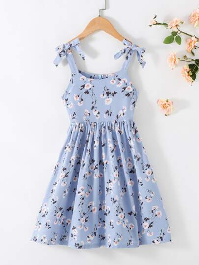 SHEIN 女孩印花肩部打結吊帶連衣裙