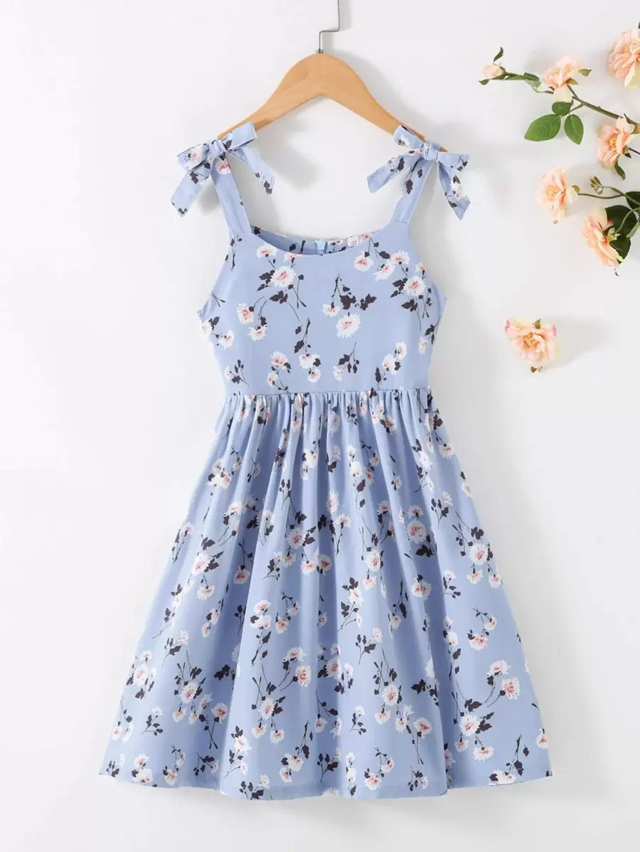 SHEIN 女孩印花肩部打結吊帶連衣裙