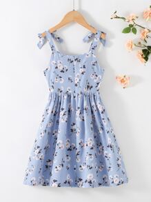 SHEIN 女孩印花肩部打結吊帶連衣裙