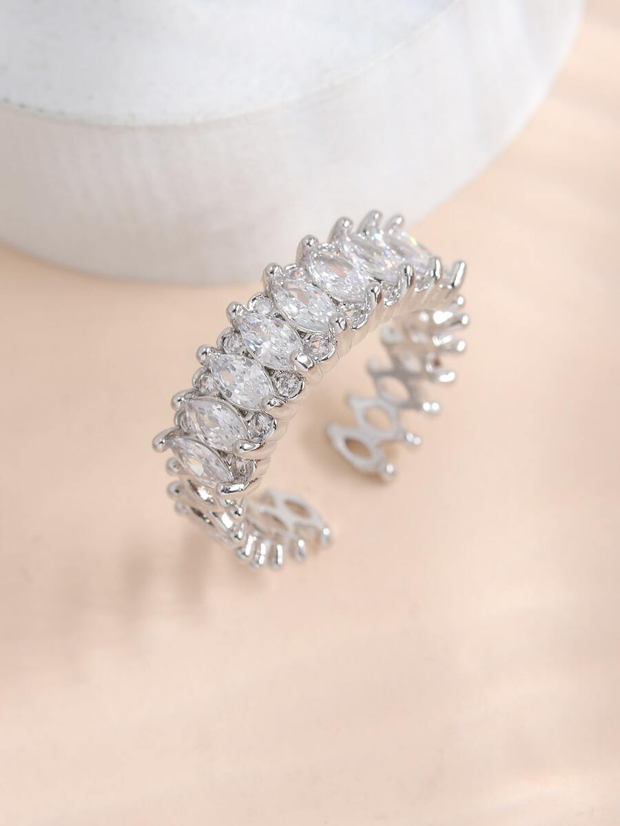 方晶鋯石裝飾開口戒指 - 銀色 - 查看 1