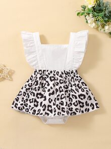 Baby Leopard Print Ruffle Trim Square Neck Combo Bodysuit Dress - Multicolor - View 1