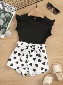 SHEIN Young Girl Ruffle Trim Top & Heart Print Belted Shorts - Black and White - View 1