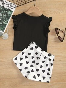 SHEIN Young Girl Ruffle Trim Top & Heart Print Belted Shorts - Black and White - View 2