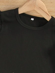 SHEIN Young Girl Ruffle Trim Top & Heart Print Belted Shorts - Black and White - View 3