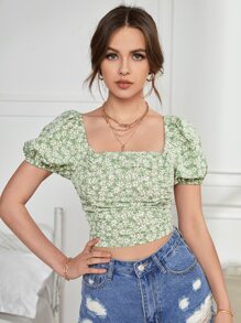 SHEIN Unity 小碎花泡泡袖繫帶後背繫帶短款上衣 - 彩色 - 查看 2