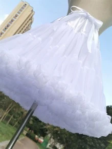 Enagua blanca sólida y elegante con decoración de lazo y capa de nube para boda, Halloween y ropa de otoño para mujer - Blanco - Ver 3