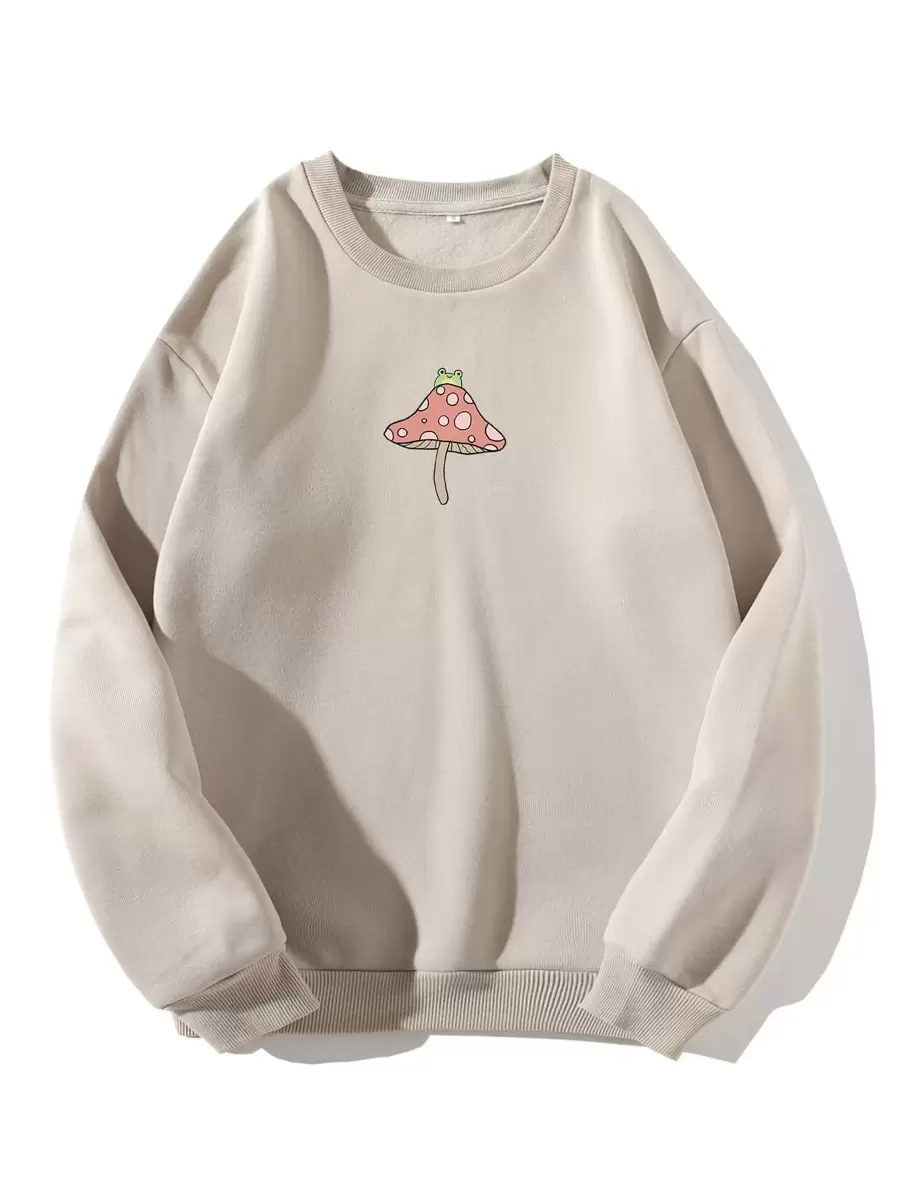 SHEIN EZwear Frog & Mushroom Print Thermal Pullover - Beige - View 1