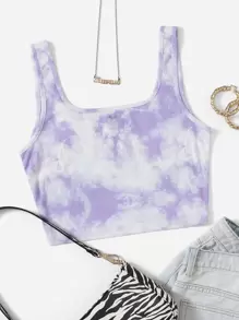 SHEIN Qutie Rib-knit Tie Dye Crop Tank Top - Multicolor - View 1